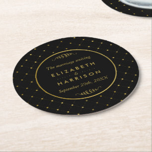 Modern Black & Gold Foil Effect Wedding Round Paper Coaster