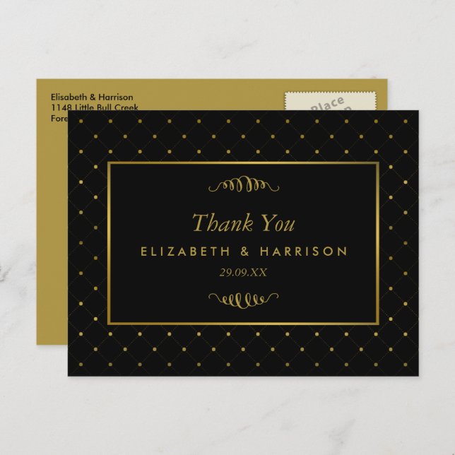 Modern Black & Gold Foil Effect Wedding Thank You Postcard (Front/Back)