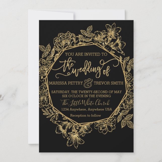 Modern Black & Gold foil floral Wedding Invitation (Front)