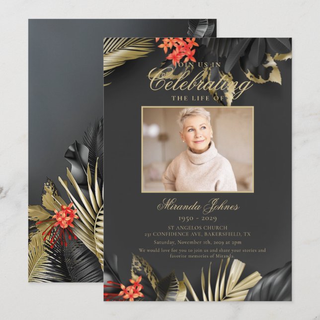 Modern Black Gold Funeral Photo Memorial Invitation (Front/Back)