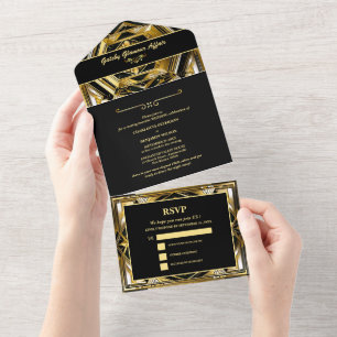 Modern Black & Gold Gatsby Art Deco 1920s Wedding All In One Invitation