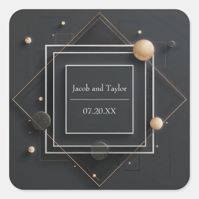 Modern Black & Gold Geometric Frame Wedding Square Sticker (Front)
