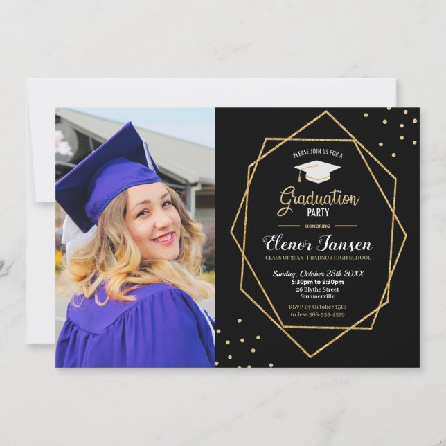 Modern Black Gold Geometric Graduation Party Photo Invitation (Front)
