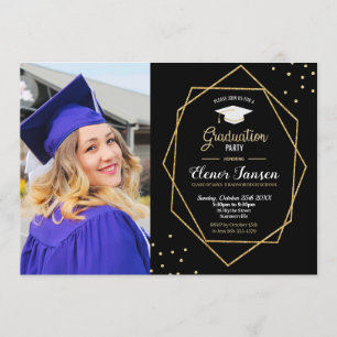 Modern Black Gold Geometric Graduation Party Photo Invitation