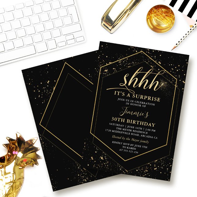 Modern Black Gold Geometric Surprise Birthday Invitation (Creator Uploaded)