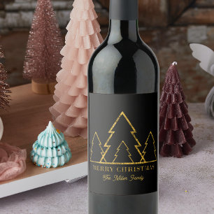 Modern Black Gold Geometric Trees Holiday Host Wine Label