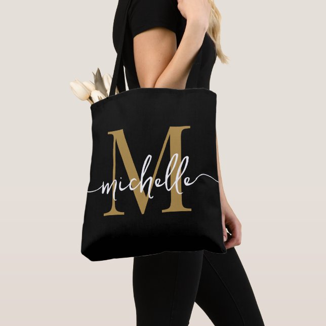 Modern Black Gold Girly Chic Monogram Name Tote Bag (Close Up)