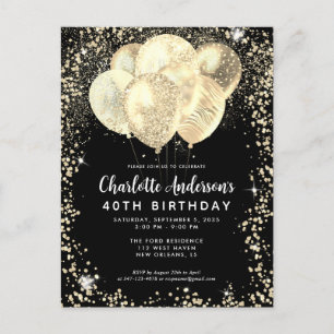 Modern Black Gold Glam Glitter Balloon Birthday Postcard