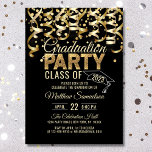 Modern Black Gold Glitter 2024 GRADUATION Party Invitation<br><div class="desc">Modern graduation invitations in a gold and black colour hue.  Streamers with faux gold foil confetti.  Faux gold glitter letters and graduation cap / hat.   Perfect for that hip student party.  Back of card has CLASS of YEAR with room to add school name.</div>