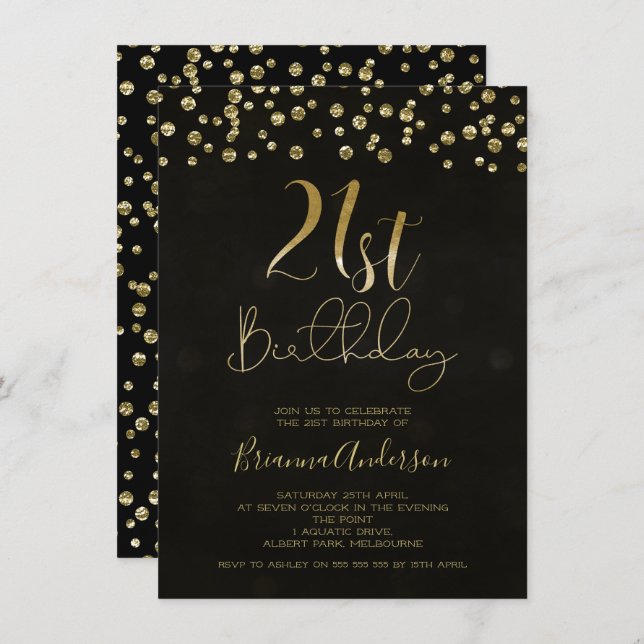 Modern Black Gold Glitter 21st Birthday Invitation (Front/Back)