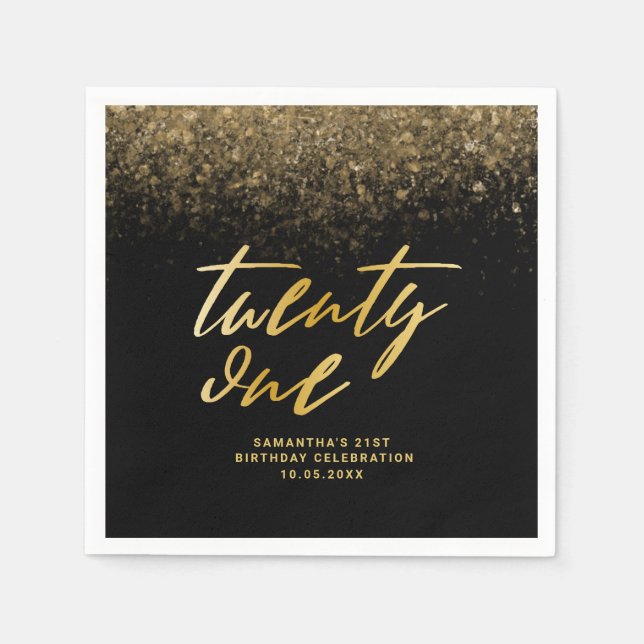 Modern Black & Gold Glitter 21st Birthday Party Napkin (Front)