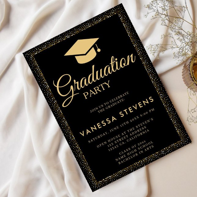 Modern Black Gold Glitter 24 Graduation Cap Party  Invitation (Creator Uploaded)