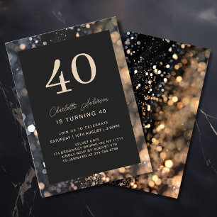 Modern, Black, Gold, Glitter, 40. Birthday  Invitation