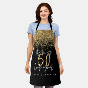 Modern black gold glitter 50th birthday typography apron