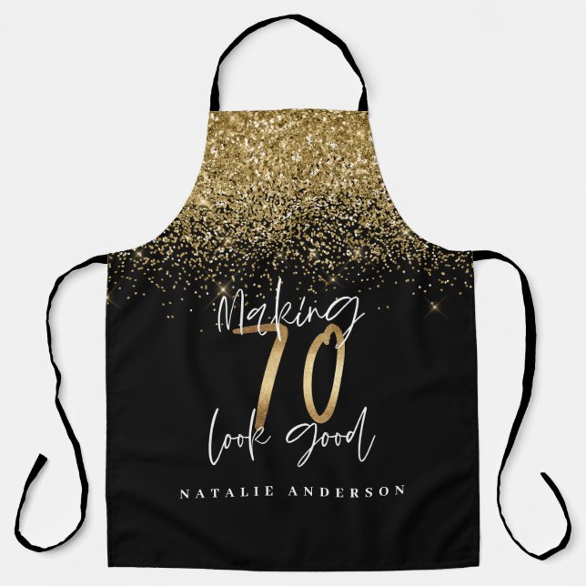 Modern black gold glitter 70th birthday typography apron (Front)