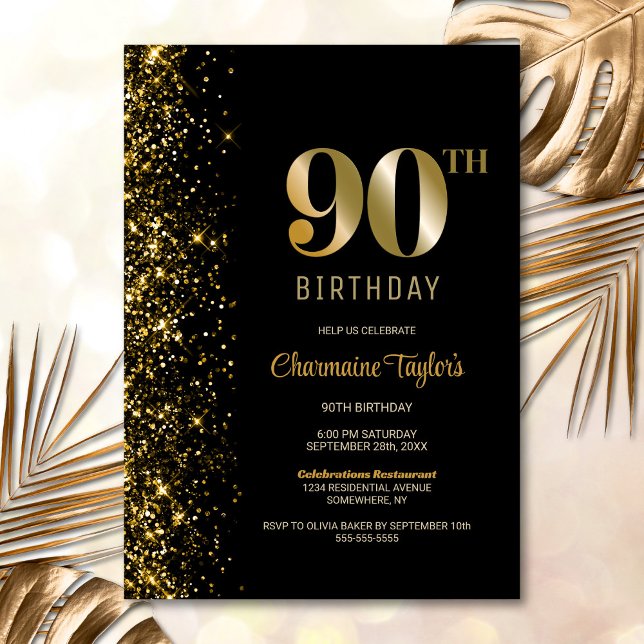 Modern Black Gold Glitter 90th Birthday Party Invitation (Creator Uploaded)