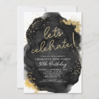 Modern Black Gold Glitter Alcohol Ink Birthday