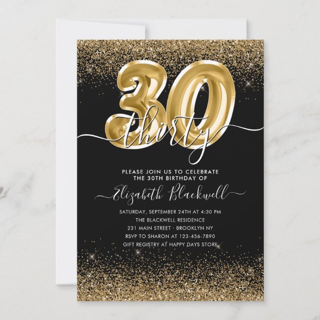 Modern Black Gold Glitter Balloon 30th Birthday Invitation (Front)