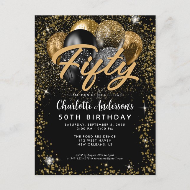 Modern Black Gold Glitter Balloon Any Age Birthday Postcard (Front)