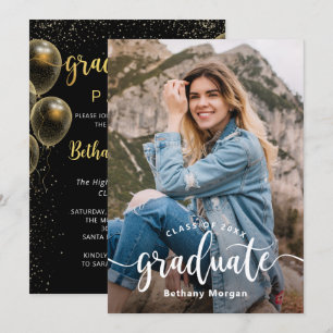 Modern Black Gold Glitter Balloon Graduation Photo Invitation