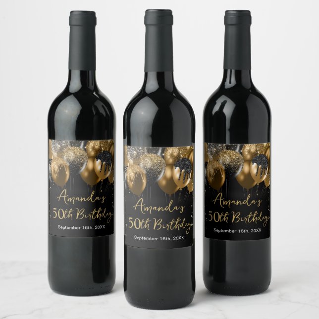 Modern Black Gold Glitter Balloons Birthday Wine Label (Bottles)