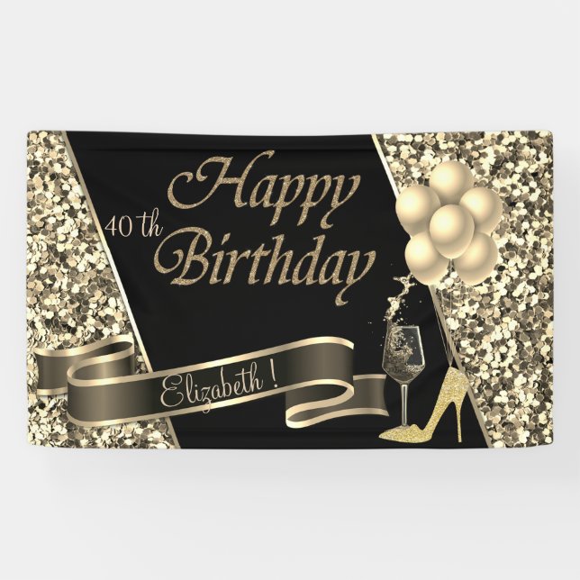 Modern Black Gold Glitter Balloons,Glass,High Heel Banner (Horizontal)