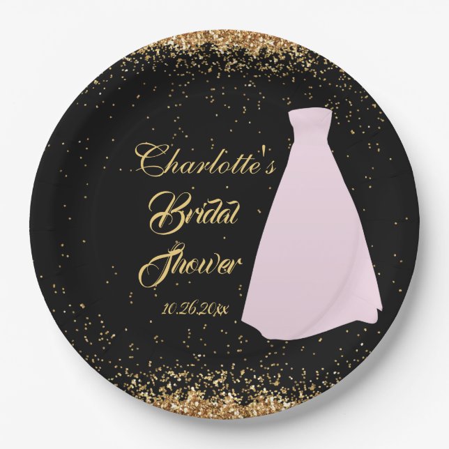 Modern Black & Gold Glitter Bridal Shower Paper Plate (Front)