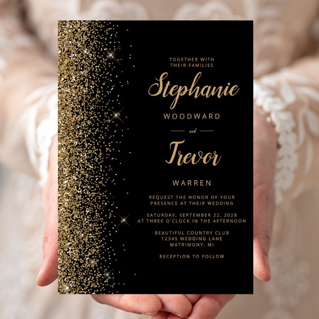 Modern Black Gold Glitter Brush Script Wedding Invitation (Creator Uploaded)