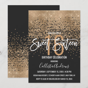 Modern Black Gold Glitter Confetti Sweet 16 Invitation