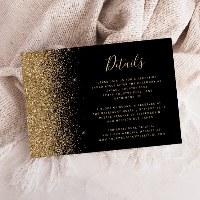 Modern Black Gold Glitter Edge Wedding Details Enclosure Card (Creator Uploaded)