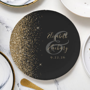 Modern Black Gold Glitter Edge Wedding Paper Plate