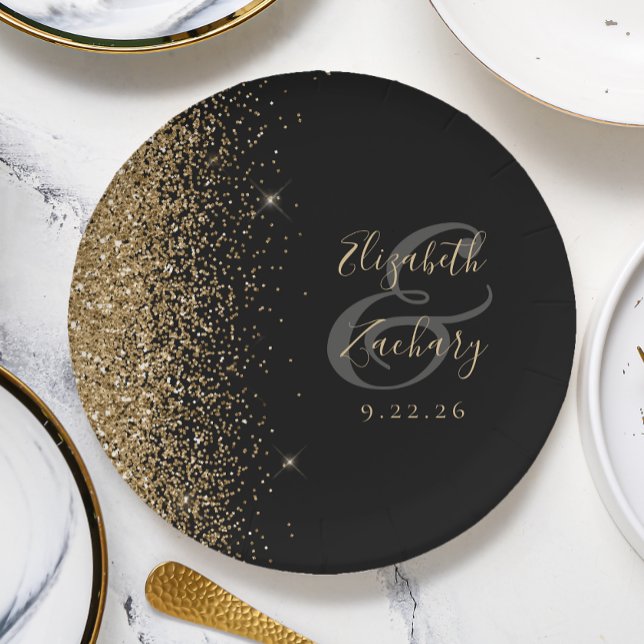 Modern Black Gold Glitter Edge Wedding Paper Plate (Creator Uploaded)