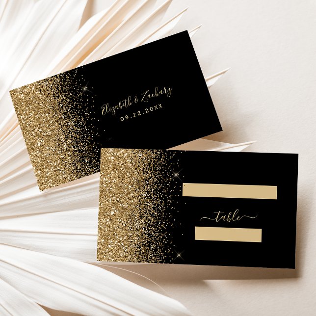 Modern Black Gold Glitter Edge Wedding Place Card (Creator Uploaded)