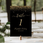 Modern Black Gold Glitter Edge Wedding Table Number<br><div class="desc">The top edge of this elegant modern wedding table number features a gold faux glitter design. The customisable text combines pale gold-coloured handwriting,  copperplate and italic fonts on a black background.</div>