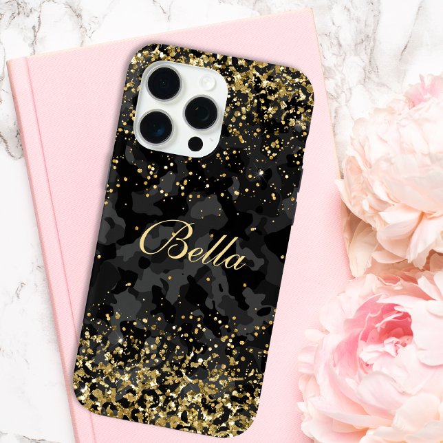 Modern Black Gold Glitter Girly Personalised Name Case-Mate iPhone Case (Creator Uploaded)