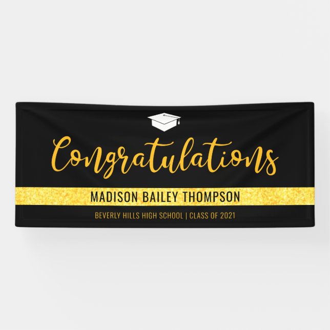 Modern Black Gold Glitter Graduation Banner (Horizontal)