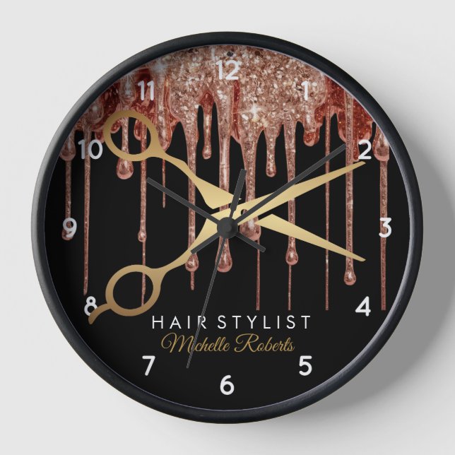 Modern black Gold Glitter Hairstylist  Clock (Front)