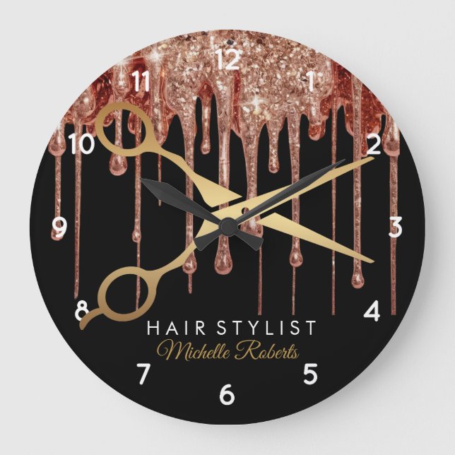 Modern black Gold Glitter Hairstylist  Large Clock (Front)