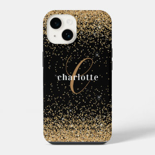 Modern Black Gold Glitter Monogram Name Party iPhone 14 Case