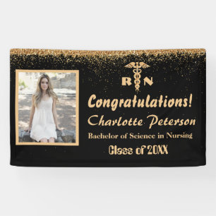 Modern Black & Gold Glitter Nurse Graduation  Banner