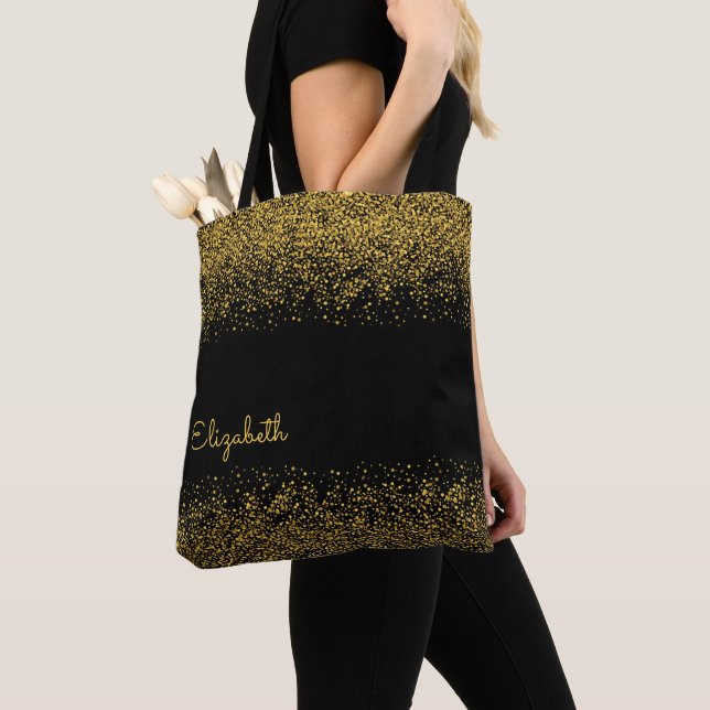 Modern black Gold Glitter Personalised Tote Bag (Close Up)