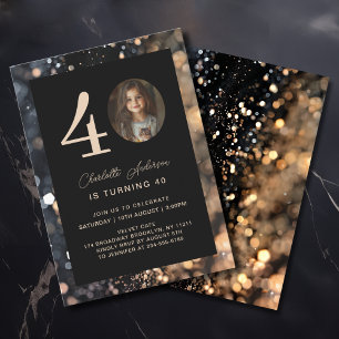 Modern, Black, Gold, Glitter, Photo, 40. Birthday  Invitation