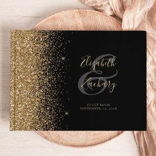 Modern Black Gold Glitter Script Guest Book