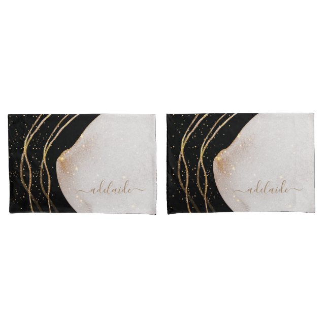 Modern Black Gold Glitter Script Monogram Name Pillowcase (Front-Set)