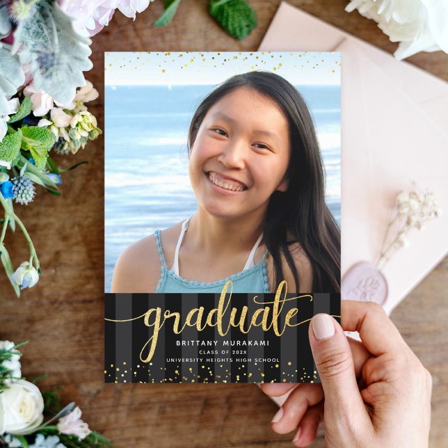 Modern black gold glitter script photo graduation announcement (Creator Uploaded)