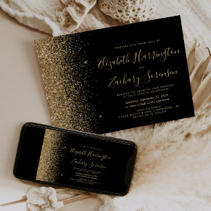 Modern Black Gold Glitter Script Wedding Invitation