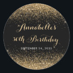 Modern Black Gold Glitter Sparkle Any Age Birthday Classic Round Sticker<br><div class="desc">Modern Glam Black Gold Glitter Sparkle Elegant Script Calligraphy Any Age Birthday Sticker</div>