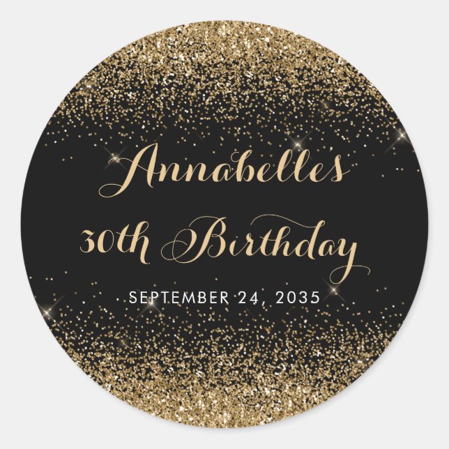 Modern Black Gold Glitter Sparkle Any Age Birthday Classic Round Sticker (Front)