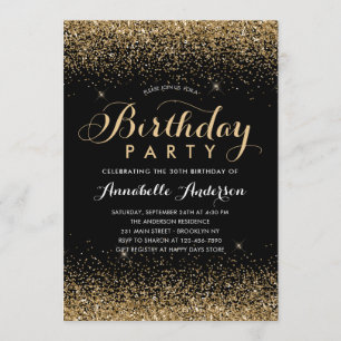 Modern Black Gold Glitter Sparkle Any Age Birthday Invitation