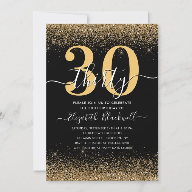 Modern Black Gold Glitter Sparkle Any Age Birthday Invitation (Front)